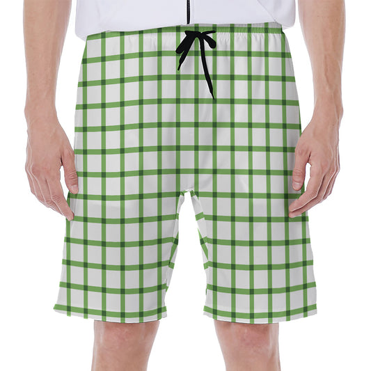 Green Tattersall Pattern Print Men's Beach Shorts