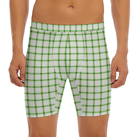 Green Tattersall Pattern Print Men's Long Boxer Briefs