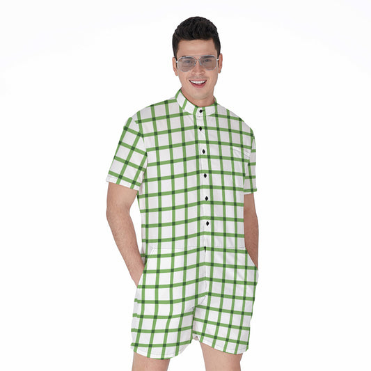 Green Tattersall Pattern Print Men's Rompers