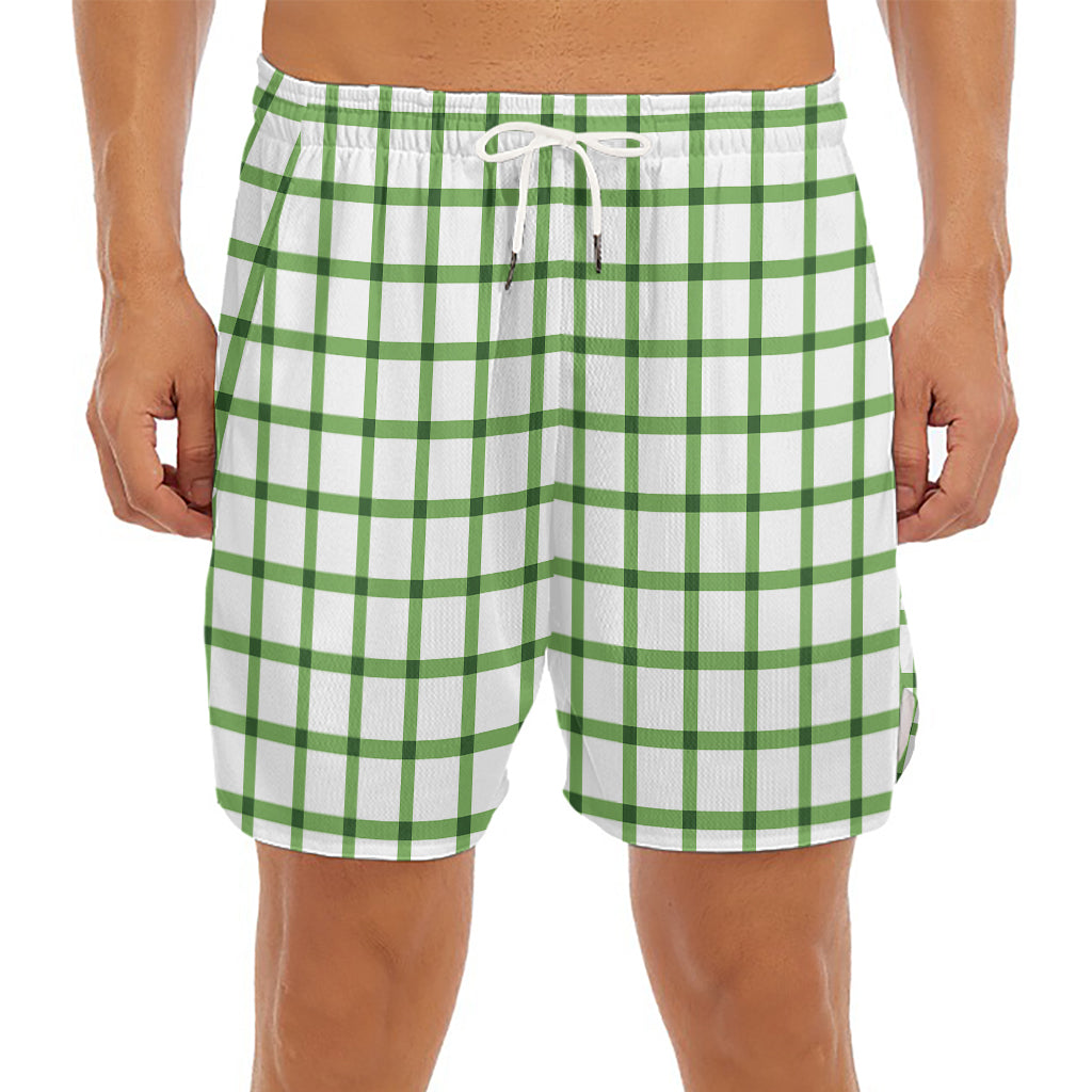 Green Tattersall Pattern Print Men's Split Running Shorts