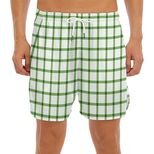 Green Tattersall Pattern Print Men's Split Running Shorts
