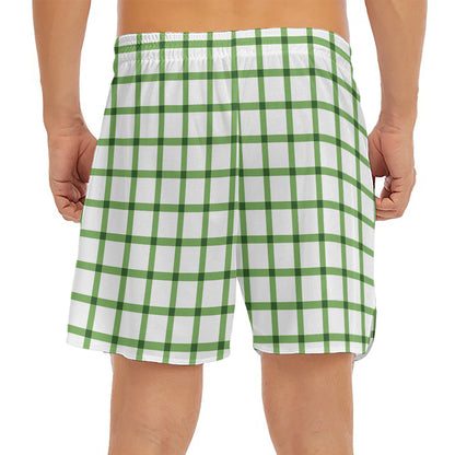 Green Tattersall Pattern Print Men's Split Running Shorts