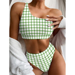 Green Tattersall Pattern Print One Shoulder Bikini Top
