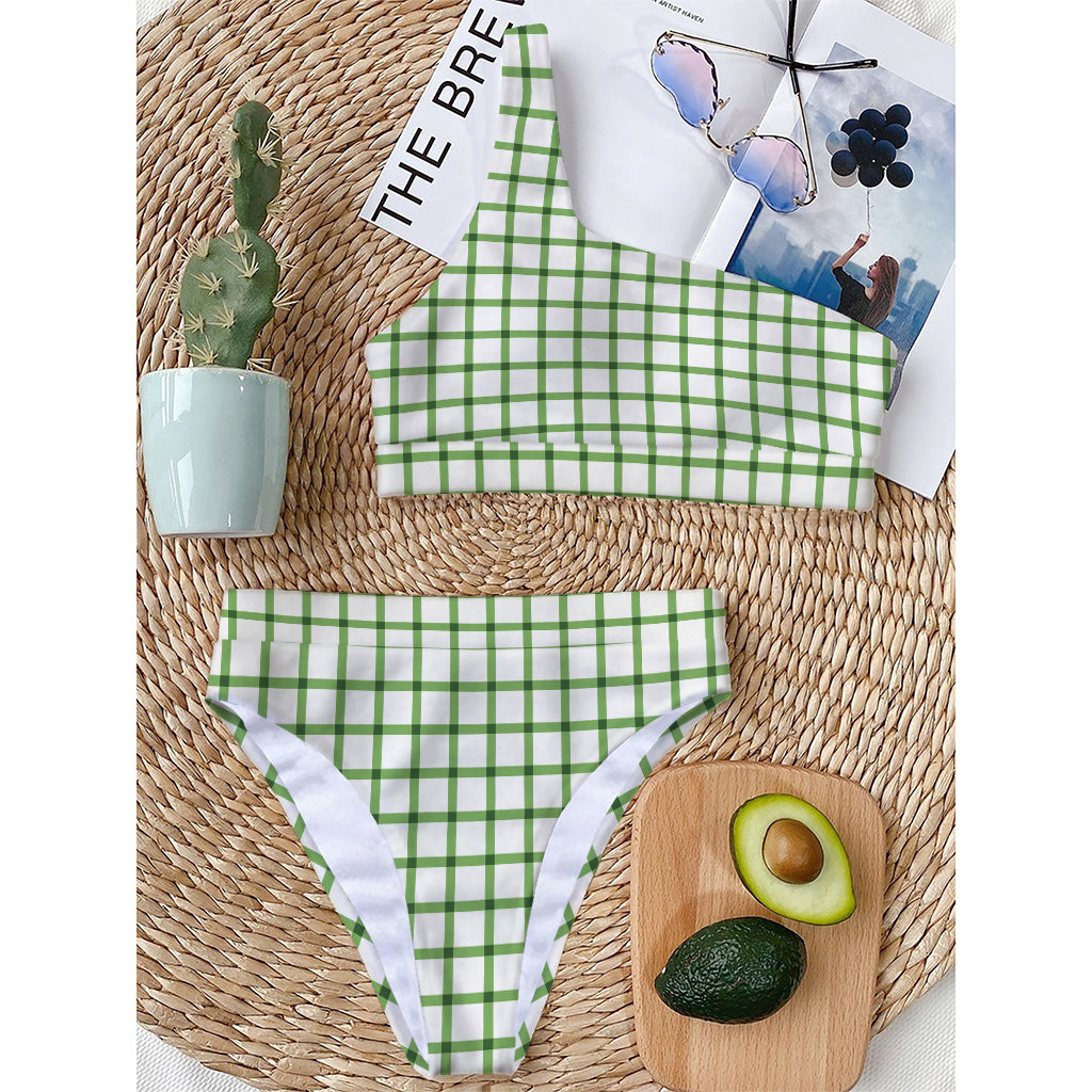Green Tattersall Pattern Print One Shoulder Bikini Top
