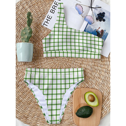 Green Tattersall Pattern Print One Shoulder Bikini Top