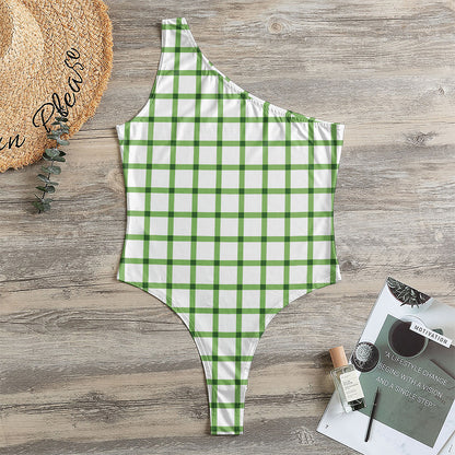 Green Tattersall Pattern Print One Shoulder Bodysuit