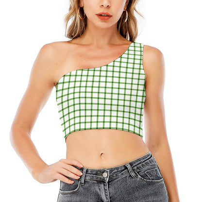 Green Tattersall Pattern Print One Shoulder Crop Top
