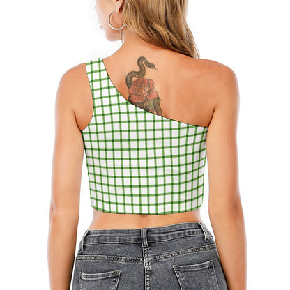 Green Tattersall Pattern Print One Shoulder Crop Top