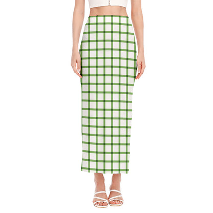 Green Tattersall Pattern Print Side Slit Maxi Skirt
