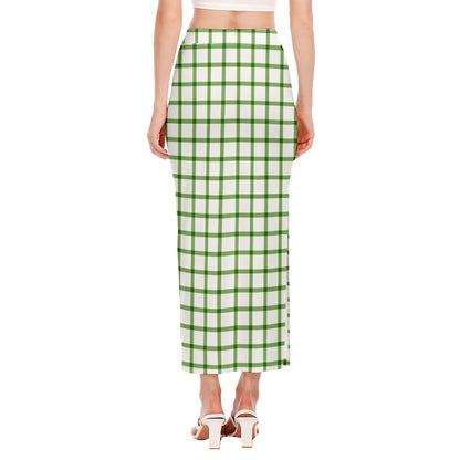 Green Tattersall Pattern Print Side Slit Maxi Skirt