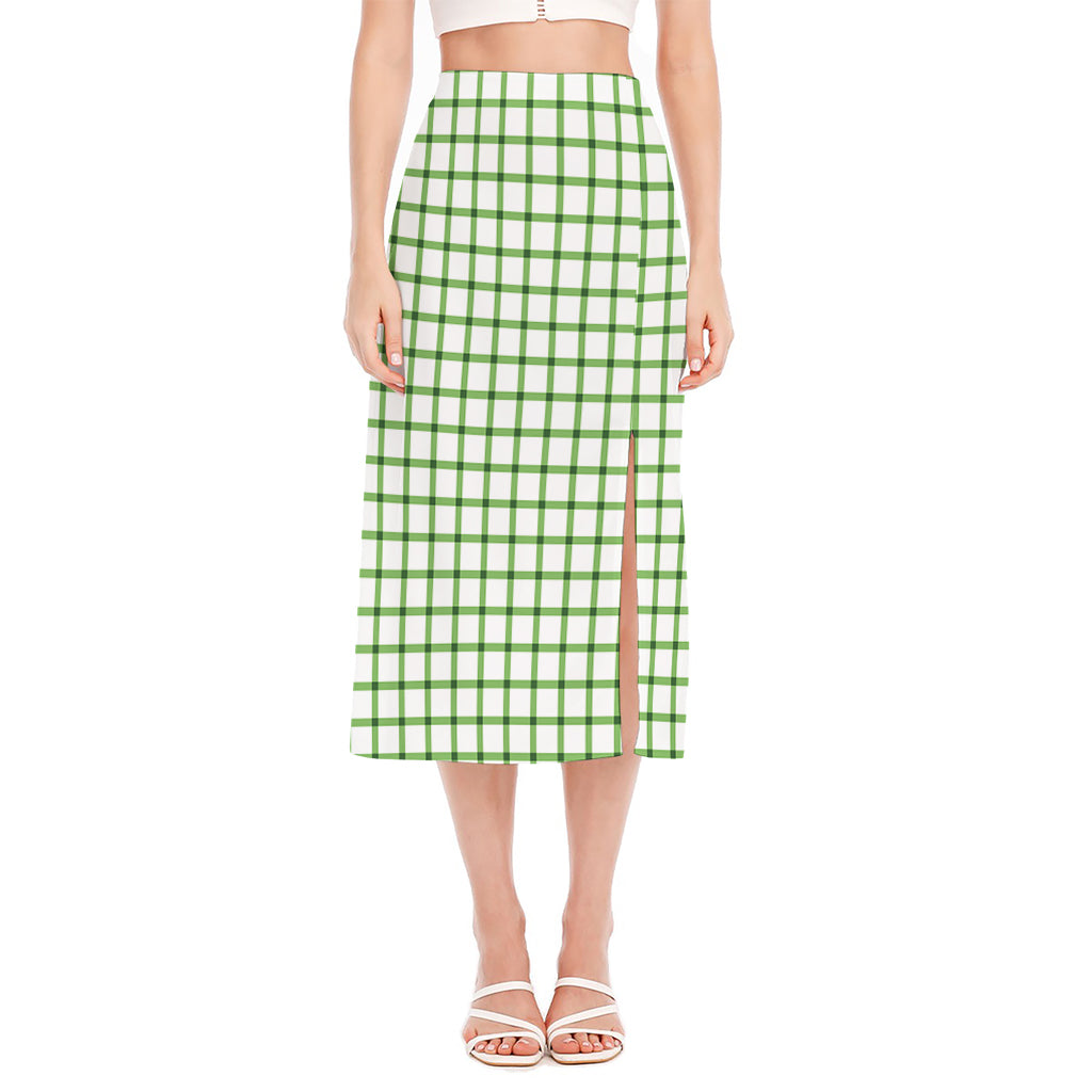 Green Tattersall Pattern Print Side Slit Midi Skirt