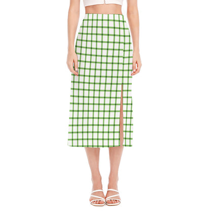 Green Tattersall Pattern Print Side Slit Midi Skirt