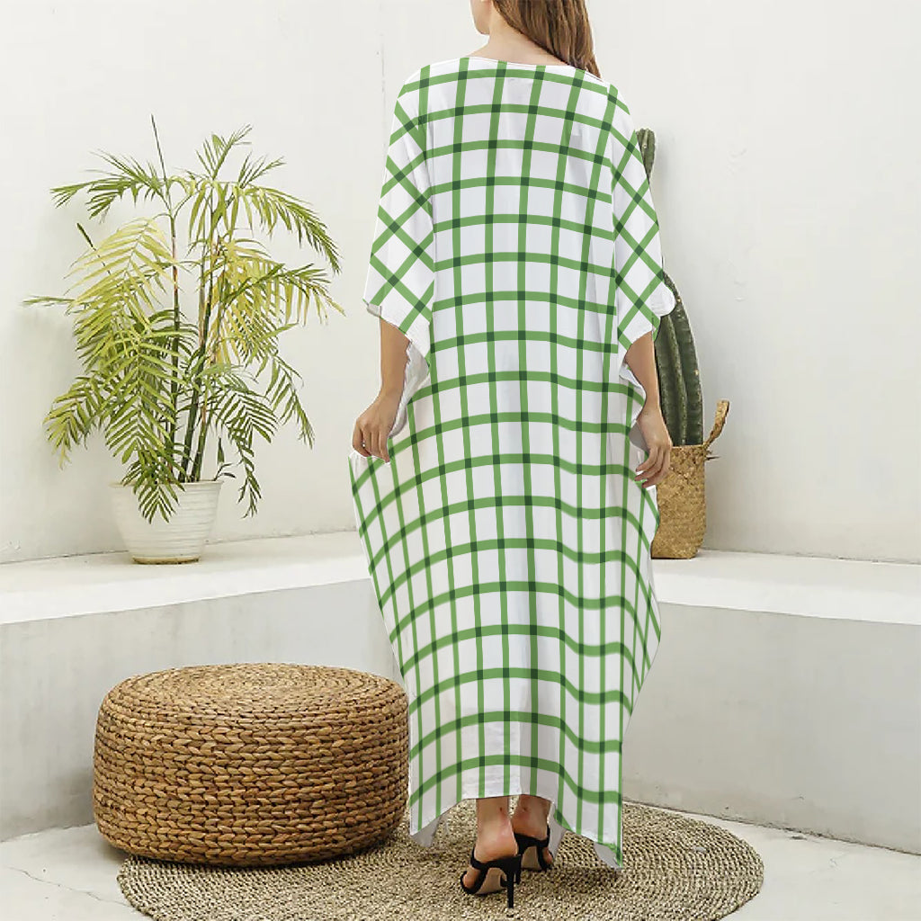 Green Tattersall Pattern Print Silk V-Neck Kaftan Dress