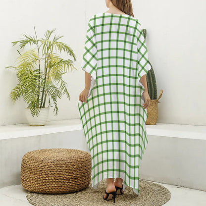 Green Tattersall Pattern Print Silk V-Neck Kaftan Dress