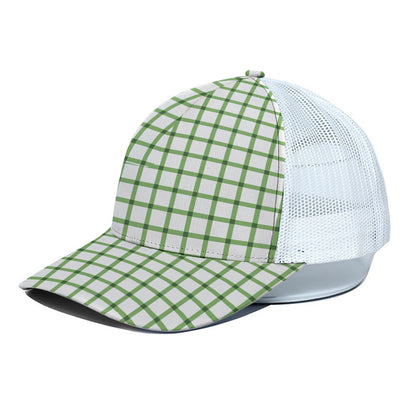 Green Tattersall Pattern Print White Mesh Trucker Cap