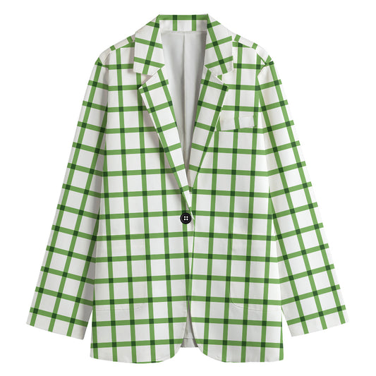 Green Tattersall Pattern Print Women's Cotton Blazer