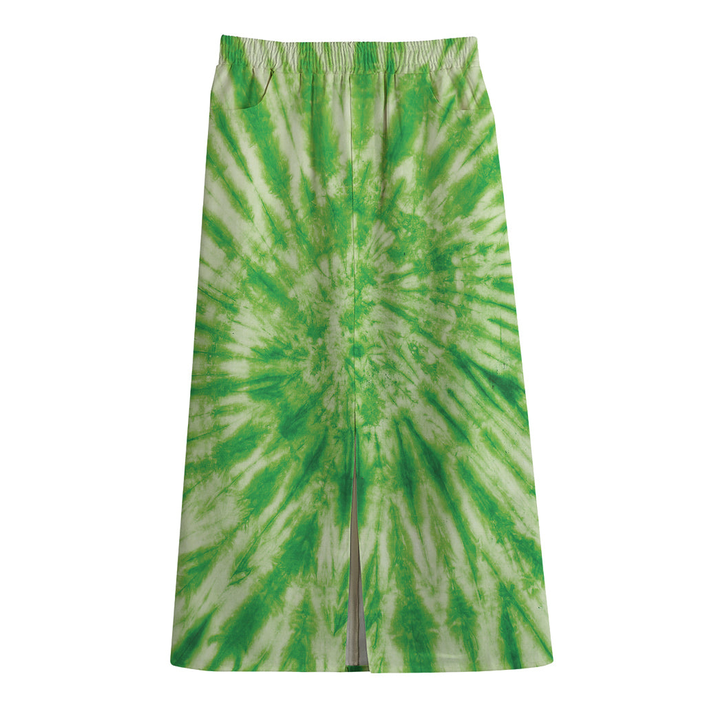 Green Tie Dye Print Cotton Front Slit Maxi Skirt