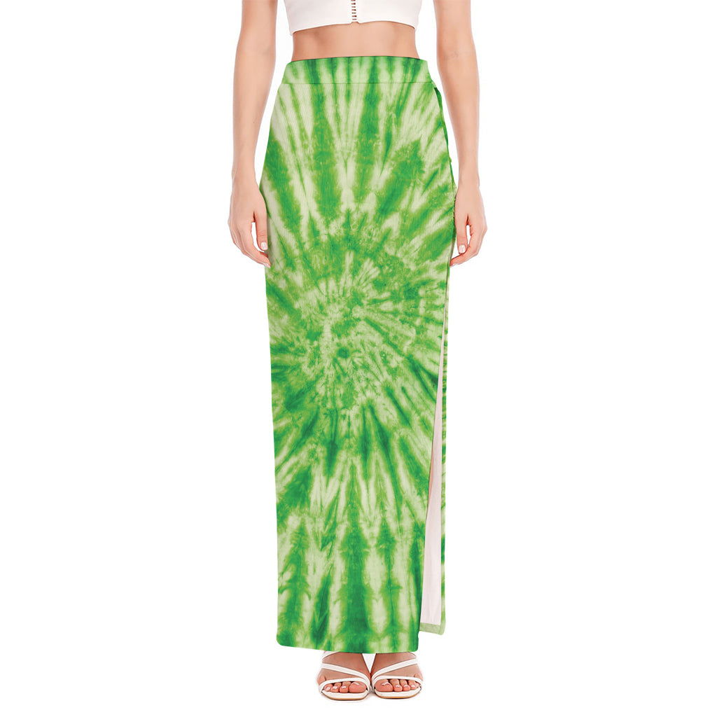 Green Tie Dye Print High Slit Maxi Skirt