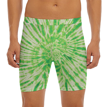Green Tie Dye Print Men's Long Boxer Briefs