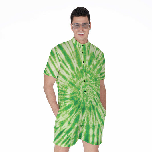 Green Tie Dye Print Men's Rompers