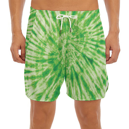 Green Tie Dye Print Men's Split Running Shorts