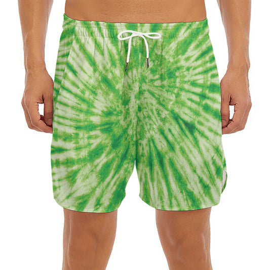 Green Tie Dye Print Men's Split Running Shorts