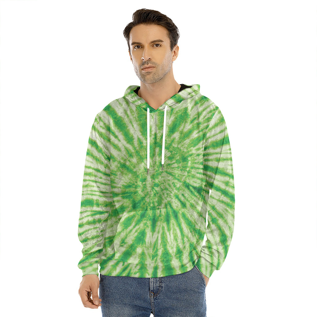 Green Tie Dye Print Men's Velvet Pullover Hoodie