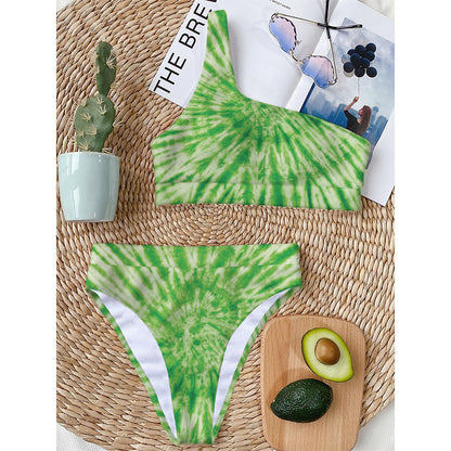 Green Tie Dye Print One Shoulder Bikini Top
