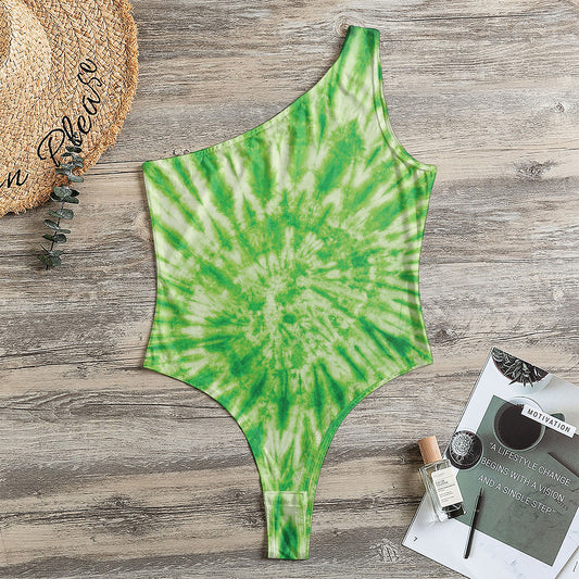 Green Tie Dye Print One Shoulder Bodysuit