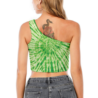 Green Tie Dye Print One Shoulder Crop Top