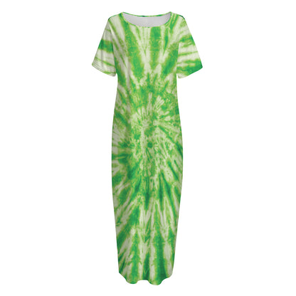 Green Tie Dye Print Short Sleeve Long Nightdress
