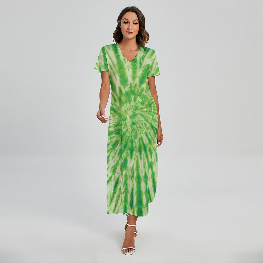 Green Tie Dye Print Short Sleeve Maxi Dress