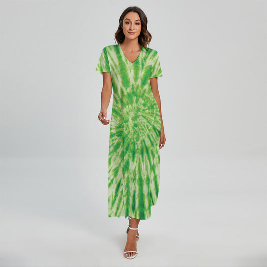 Green Tie Dye Print Short Sleeve Maxi Dress