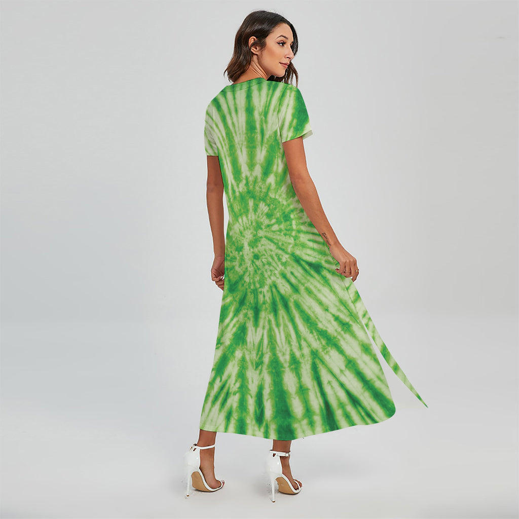 Green Tie Dye Print Short Sleeve Maxi Dress