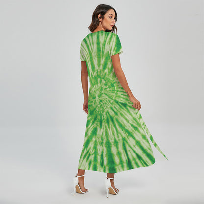 Green Tie Dye Print Short Sleeve Maxi Dress