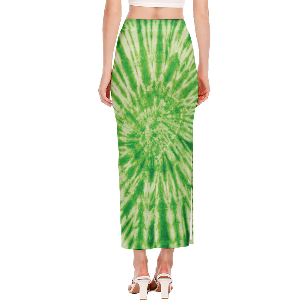Green Tie Dye Print Side Slit Maxi Skirt