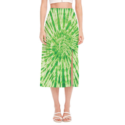 Green Tie Dye Print Side Slit Midi Skirt