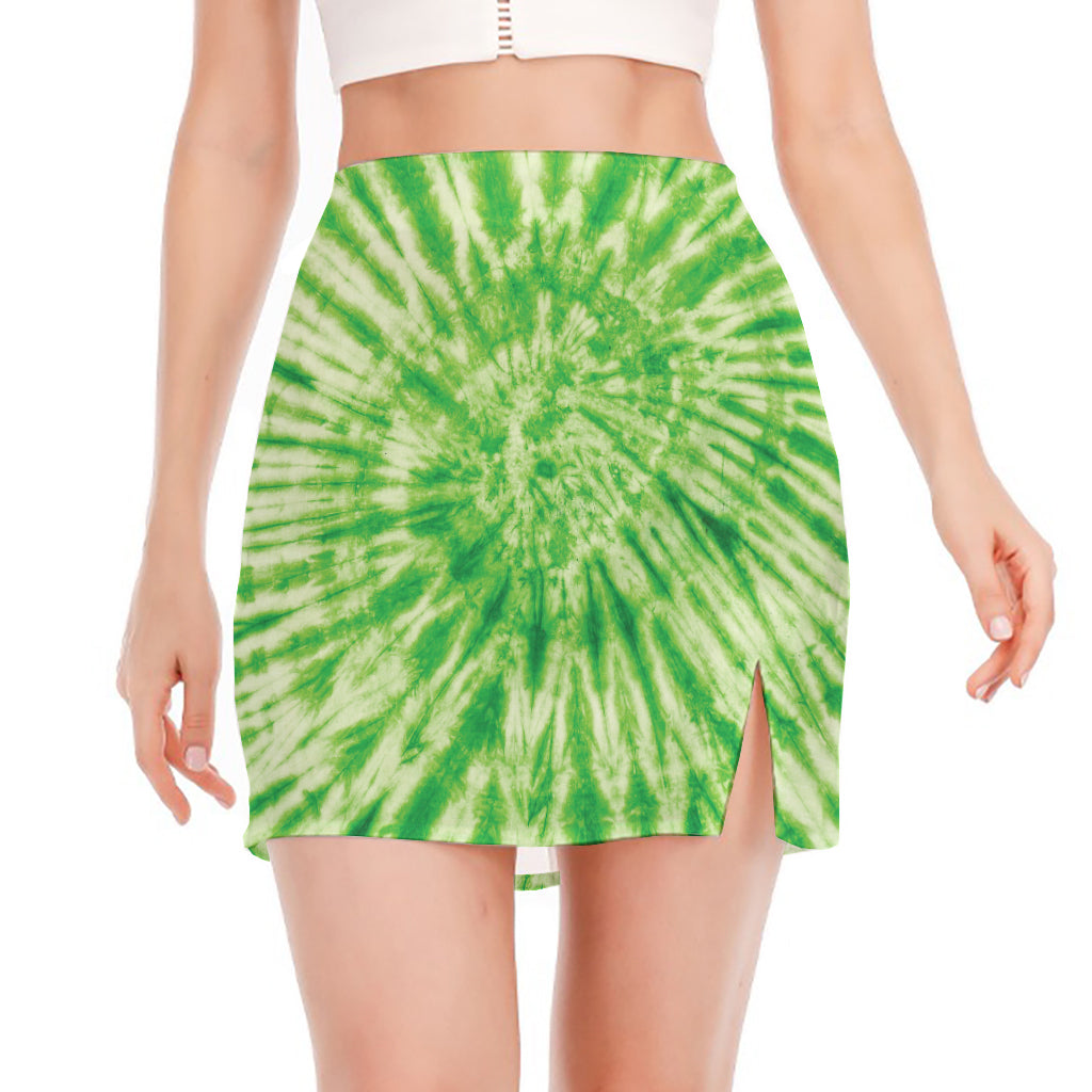 Green Tie Dye Print Side Slit Mini Skirt