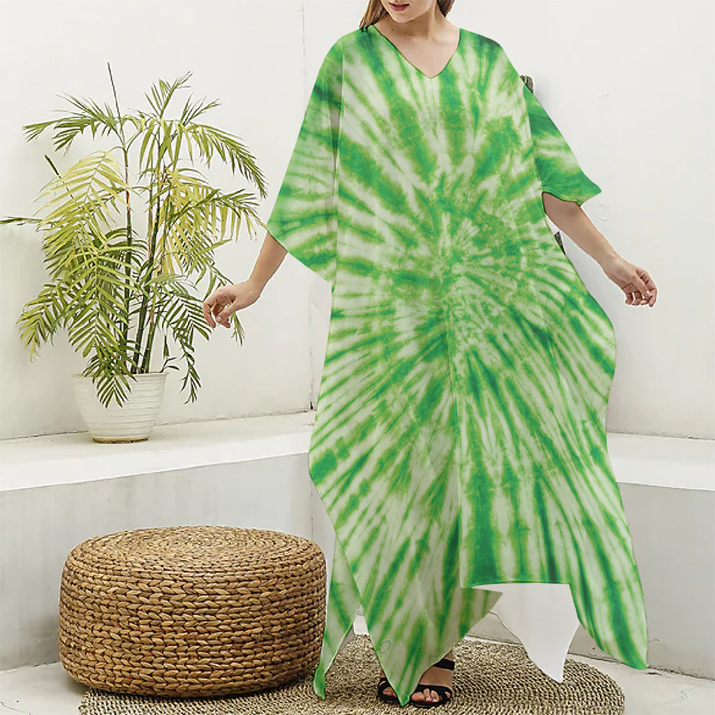 Green Tie Dye Print Silk V-Neck Kaftan Dress