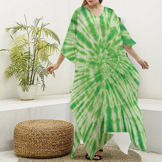 Green Tie Dye Print Silk V-Neck Kaftan Dress