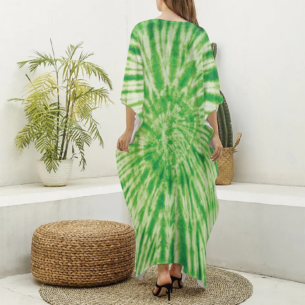 Green Tie Dye Print Silk V-Neck Kaftan Dress
