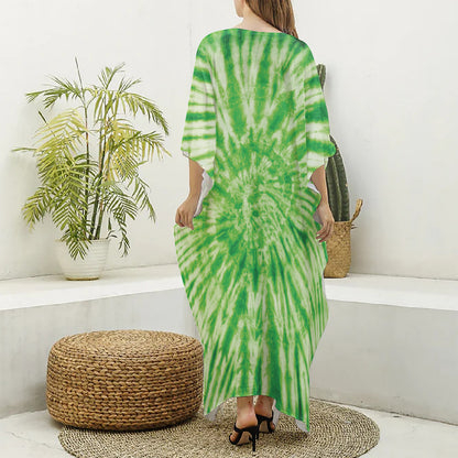Green Tie Dye Print Silk V-Neck Kaftan Dress