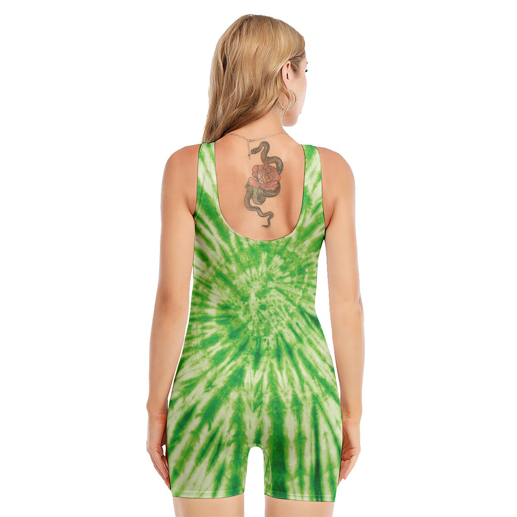Green Tie Dye Print Sleeveless One Piece Swimsuit