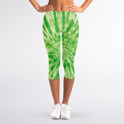 Green Tie Dye Print Women's Capri Leggings
