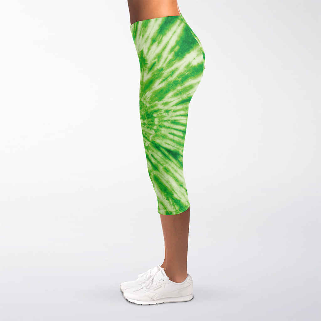 Green Tie Dye Print Women's Capri Leggings