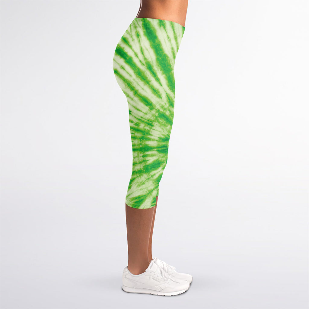 Green Tie Dye Print Women's Capri Leggings