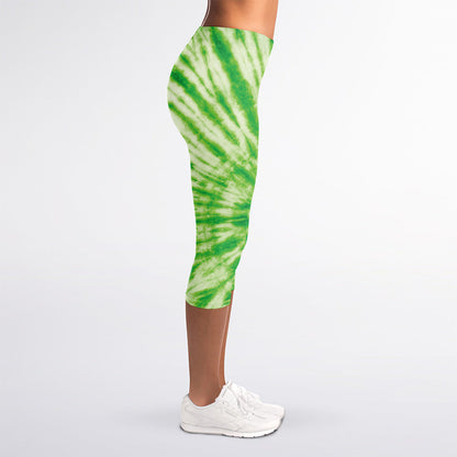 Green Tie Dye Print Women's Capri Leggings