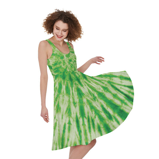 Green Tie Dye Print Women's Sleeveless Dress