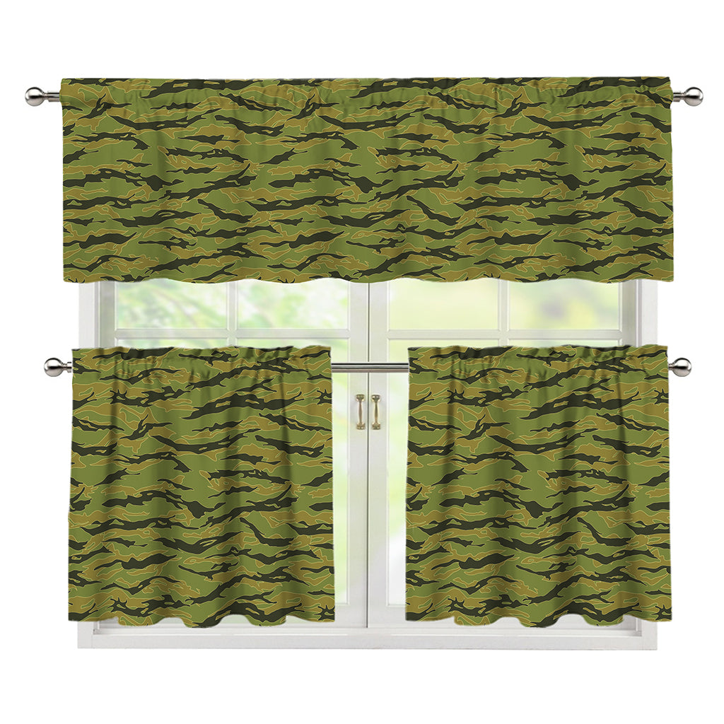 Green Tiger Stripe Camo Pattern Print 3 Piece Kitchen Curtains
