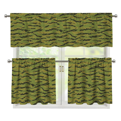 Green Tiger Stripe Camo Pattern Print 3 Piece Kitchen Curtains